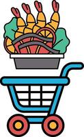A blue shopping cart with a basket full of food items including shrimp vector
