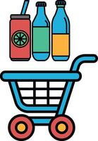 A blue shopping cart with a carton of orange juice, a carton of lemonade vector