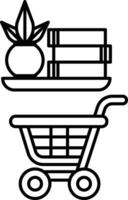 A black and white drawing of a shopping cart with a plant and books on a shelf vector