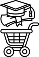 A black and white image of a shopping cart with a graduation cap vector