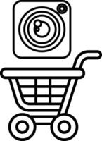 A black and white image of a shopping cart with a camera on top of it vector