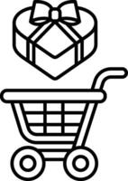 A black and white drawing of a shopping cart with a heart and bow on top of it vector