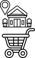 A shopping cart is next to a building with a map on it vector