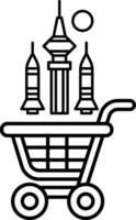 A black and white drawing of a shopping cart with a rocket on top of it vector