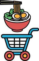 A cartoonish drawing of a shopping cart with a bowl of ramen noodles vector