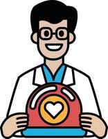 A man in a white lab coat holding a red heart vector