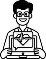 A man is holding a tablet with a heart on it vector