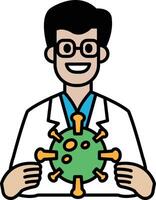 A cartoon man in a lab coat holding a green virus vector