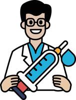 A man in a white lab coat holding a syringe vector