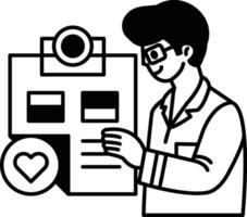 A man in a white lab coat is pointing to a piece of paper with a heart on it vector
