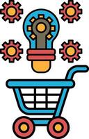 A blue shopping cart with a light bulb on top and a bunch of gears around it vector