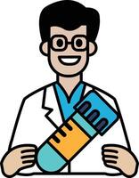 A man in a lab coat holding a syringe vector