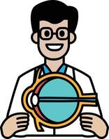 A man in a white lab coat holding a model of an eye vector