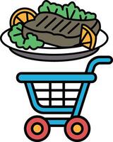 A cartoon of a plate of food with a carton of oranges on top of it vector