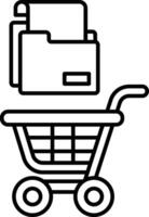 A black and white image of a shopping cart with a stack of papers on top of it vector