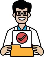 A man in a white lab coat holding a folder with a red check mark on it vector
