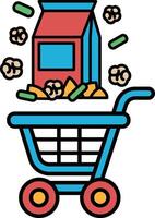 A blue shopping cart with a red bag of popcorn in it vector