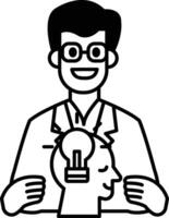 A man in a lab coat is holding a head with a lightbulb in it vector