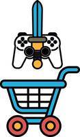 A blue shopping cart with a sword and a game controller on top of it vector