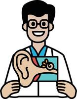 A man in a white lab coat holding a picture of an ear vector