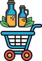 A blue shopping cart with two bottles of orange liquid and a green leaf on top vector