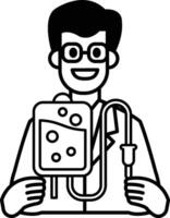 A man in a lab coat holding a syringe and a bag vector