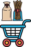 A blue shopping cart with a bag of pasta and a bag of bread vector