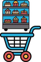 A blue shopping cart with a carton of cupcakes on top vector