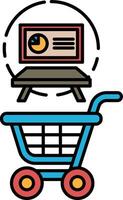 A blue shopping cart is shown with a table and a computer monitor vector