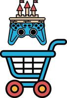 A blue shopping cart with a toy controller on top of it vector
