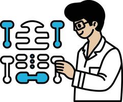 A man in a lab coat is holding a tool and looking at a skeleton vector