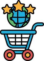 A blue shopping cart with a globe and three stars on top vector