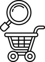 A black and white image of a shopping cart with a magnifying glass on top vector