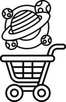 A black and white drawing of a shopping cart with a planet vector