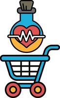 A blue shopping cart with a heart and a bottle of medicine on top vector