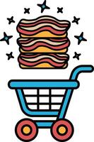A cartoon of a shopping cart with a stack of bacon on top of it vector