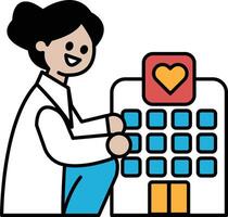 A woman in a white lab coat is holding a heart in front of a building vector