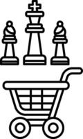 A black and white image of a shopping cart with three chess pieces on top of it vector
