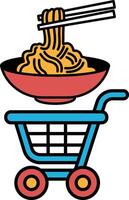 A cartoonish drawing of a shopping cart with a bowl of noodles in it vector