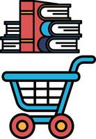 A blue shopping cart with books stacked on top of it vector