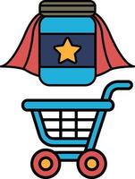 A blue shopping cart with a red cape on top of it vector