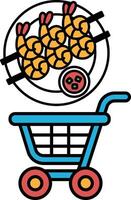 A blue shopping cart with a plate of food and a bowl of sauce on it vector