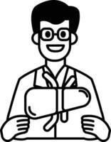A man in a white lab coat holding a pill vector