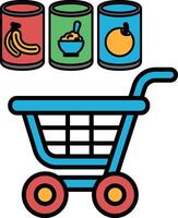 A blue shopping cart with a can of bananas, a can of orange juice vector