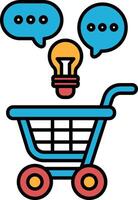 A blue shopping cart with a light bulb on top and two speech bubbles below it vector
