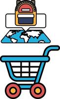 A blue shopping cart with a backpack on top of it vector