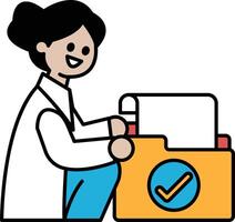 A woman is sitting in front of a file cabinet with a smile on her face vector
