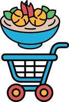 A blue shopping cart with a bowl of food on top of it vector