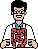 A cartoon man holding a red and white drawing of a large intestine vector