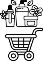 A black and white drawing of a shopping cart with various items in it vector